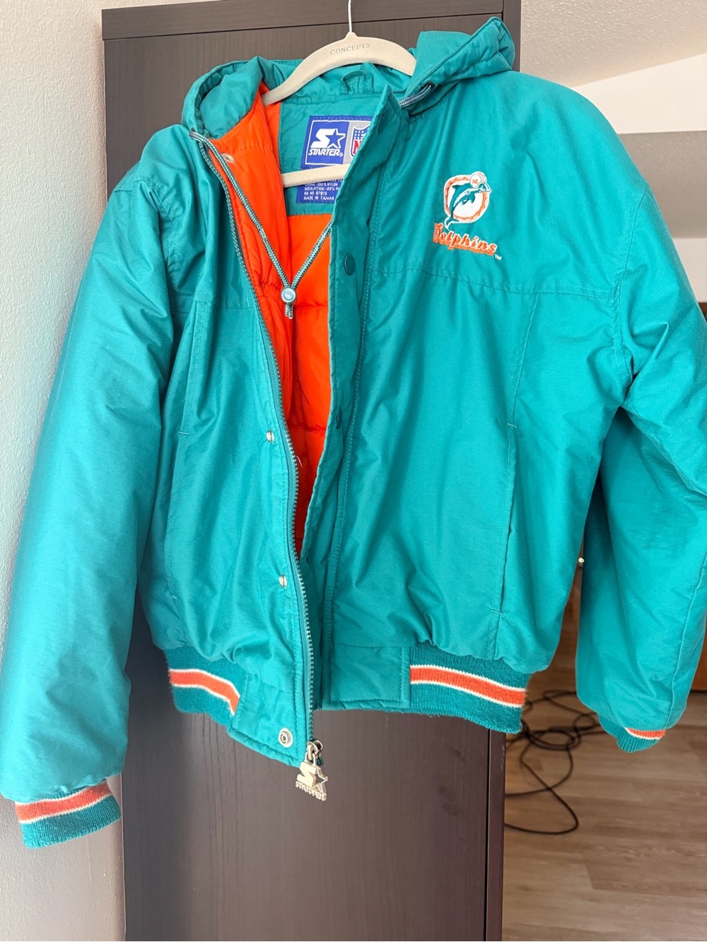 STARTER Teal and Orange Kids Hooded Puffer Jacket with Dolphins Logo